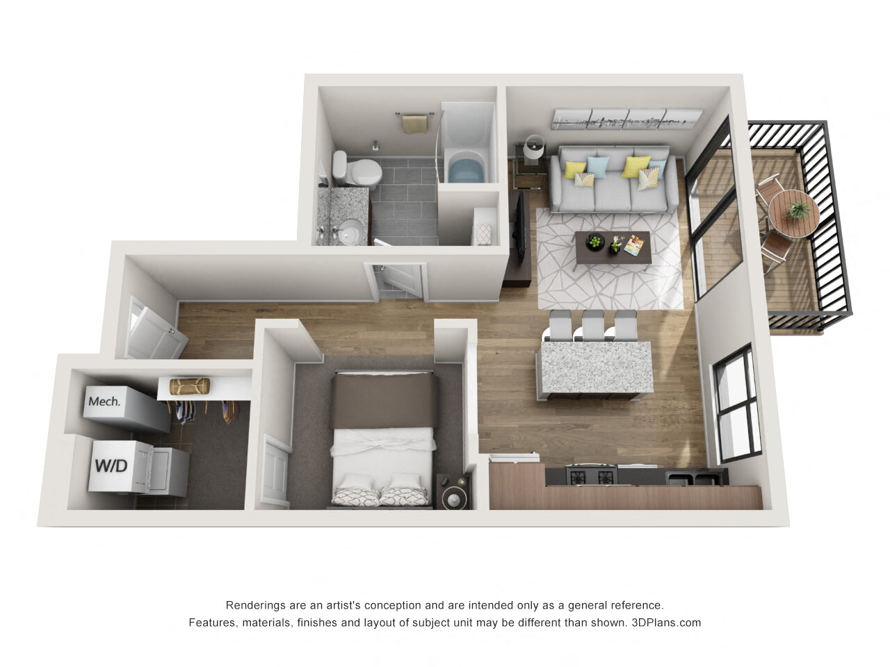 Floor plan for studio, 1 bath, 530 sqft